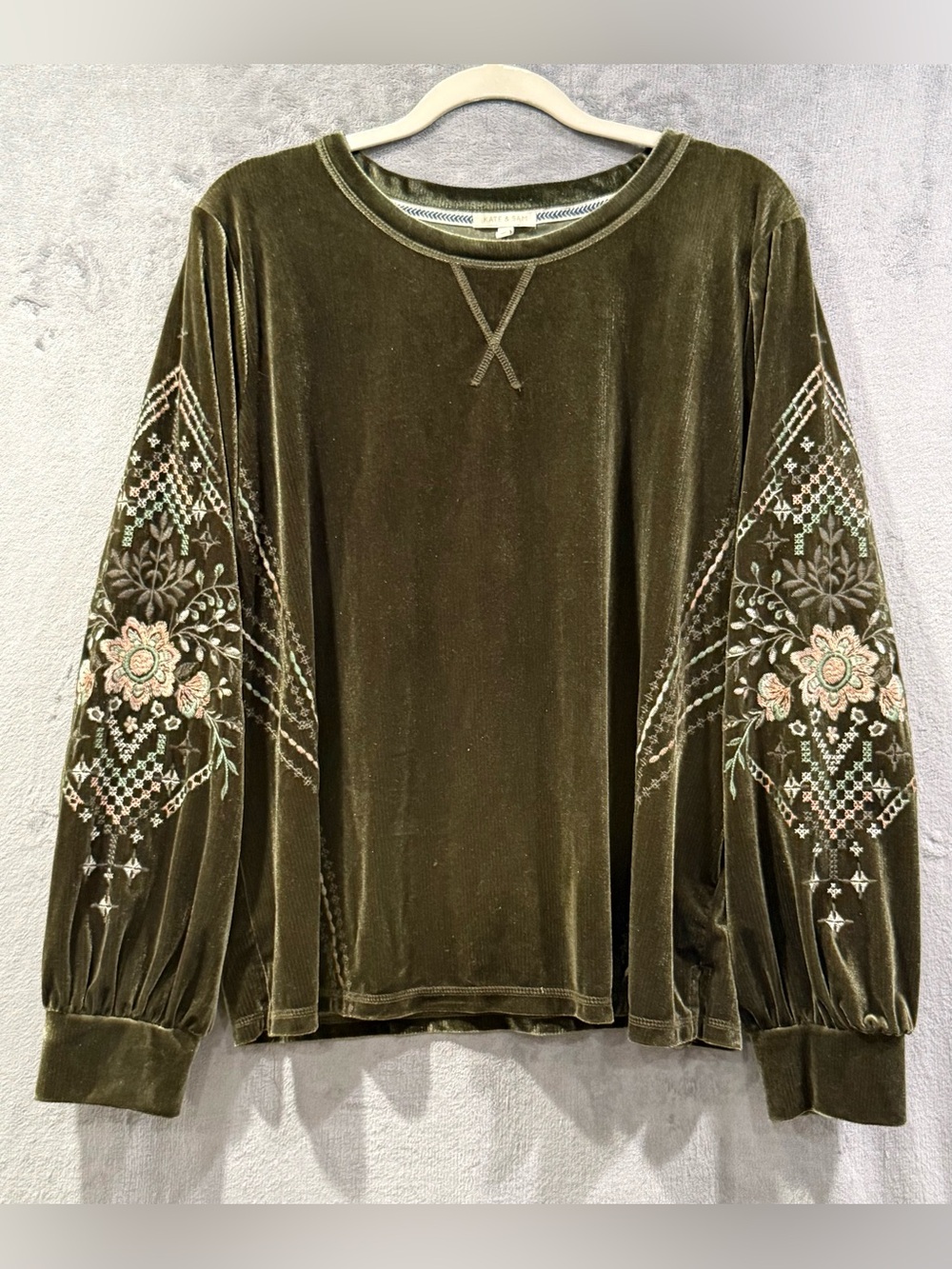 Kate & Sam Moss Green Velvet Top Floral Embroidered Balloon Sleeve Boho Size XL